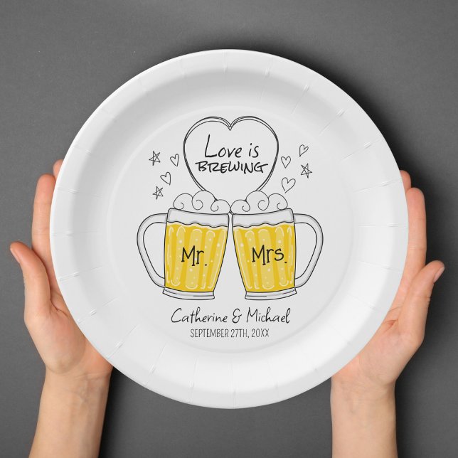 Love Is Brewing Hand Drawn Beer Glasses Wedding Paper Plates (Creator Uploaded)