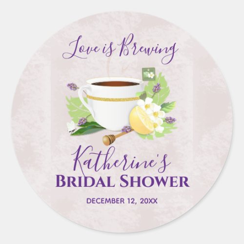 Love Is Brewing Herbal Tea  Bridal Shower Classic Round Sticker