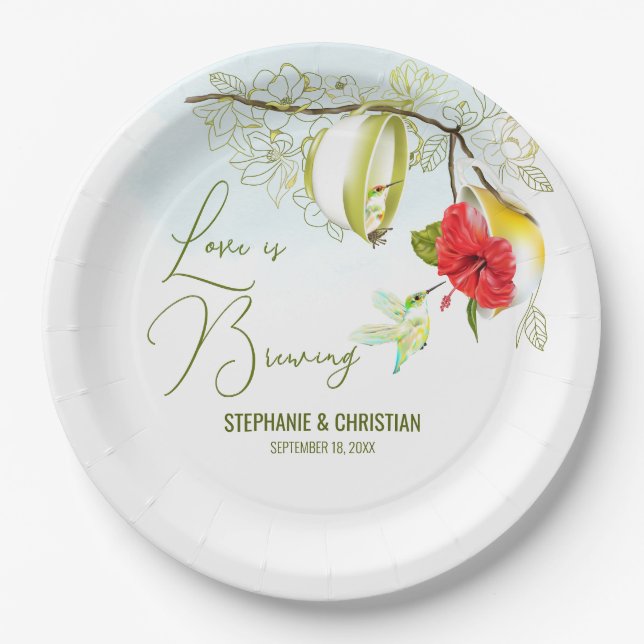 Love Is Brewing Hummingbird Tea Party Paper Plates (Front)