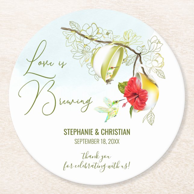 Love Is Brewing Hummingbird Tea Party Round Paper Coaster (Front)