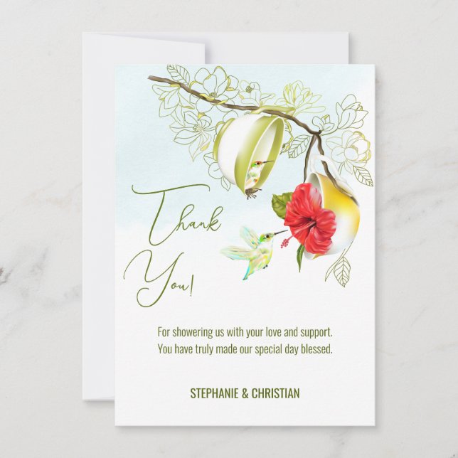 Love Is Brewing Hummingbird Tea Party Thank You Card (Front)
