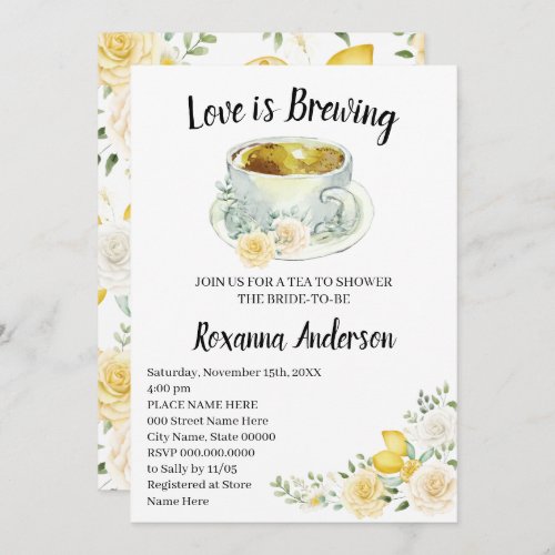 Love is Brewing Lemons  Roses Tea Bridal Shower Invitation