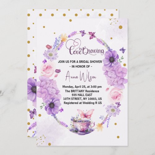 love is brewing lilac Heart Floral bridal shower  Invitation