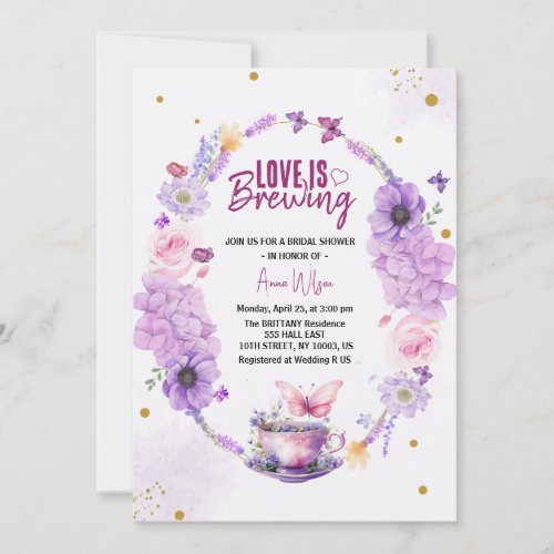 love is brewing lilac lavender bridal shower  invitation