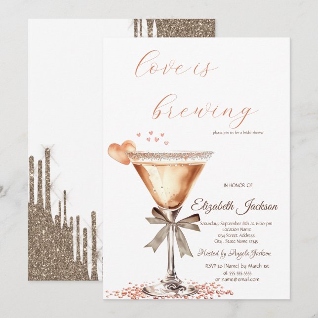 Love is Brewing Martini Heart Glitter Drips  Invitation (Front/Back)