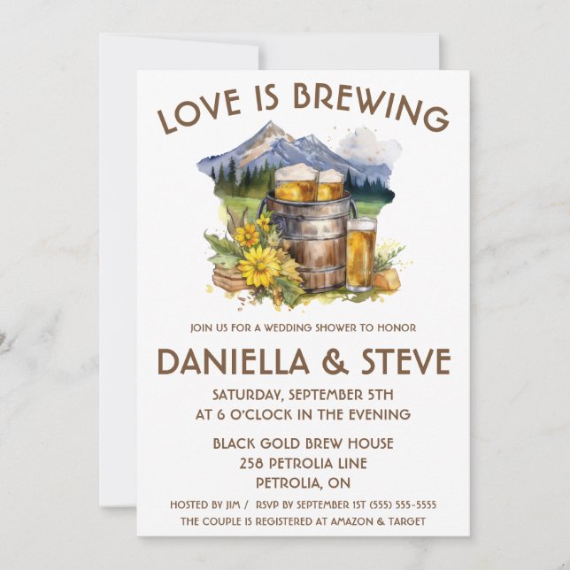 Love is Brewing Mountain Beer Themed Bridal Shower Invitation (Front)