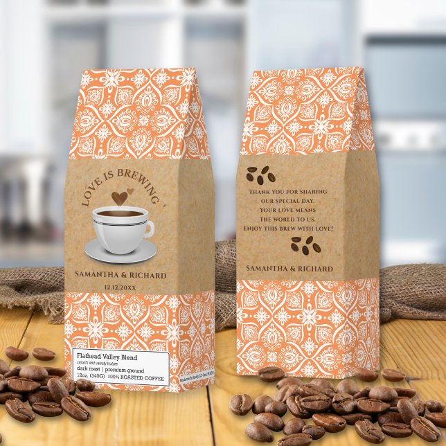 Love Is Brewing OrangeDamask Kraft Wedding Favor   Roasted Coffee (Creator Uploaded)