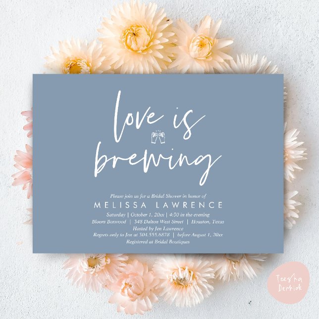 Love is brewing, Perfect Bridal Shower Beer Party Invitation (Love is brewing, Perfect Bridal Shower Beer Party Invitation Card PDF Dusty Blue)