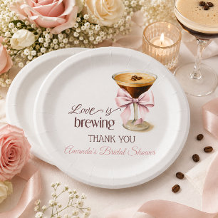 Love is Brewing Pink Bow Coffee Bridal Shower Paper Plates
