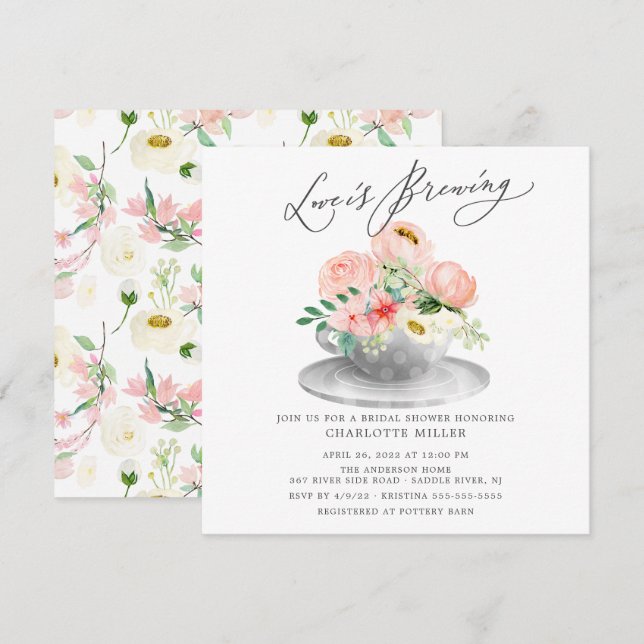 Love is Brewing Pink Floral Bridal Tea Shower Invi Invitation (Front/Back)