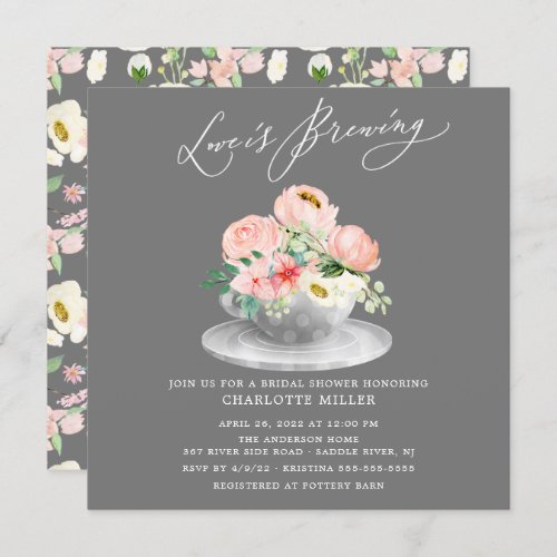 Love is Brewing Pink Floral Bridal Tea Shower Invi Invitation