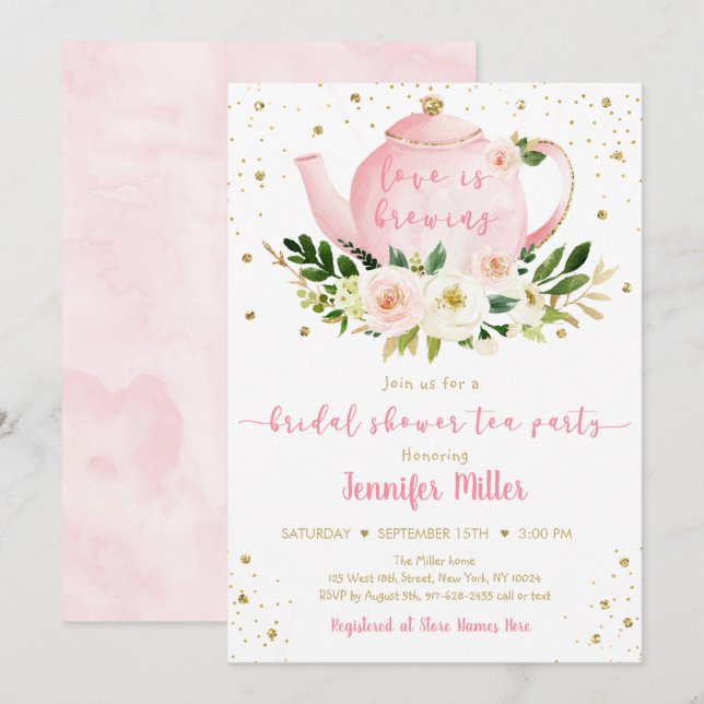 Love Is Brewing Pink Gold Tea Party Bridal Shower Invitation (Front/Back)