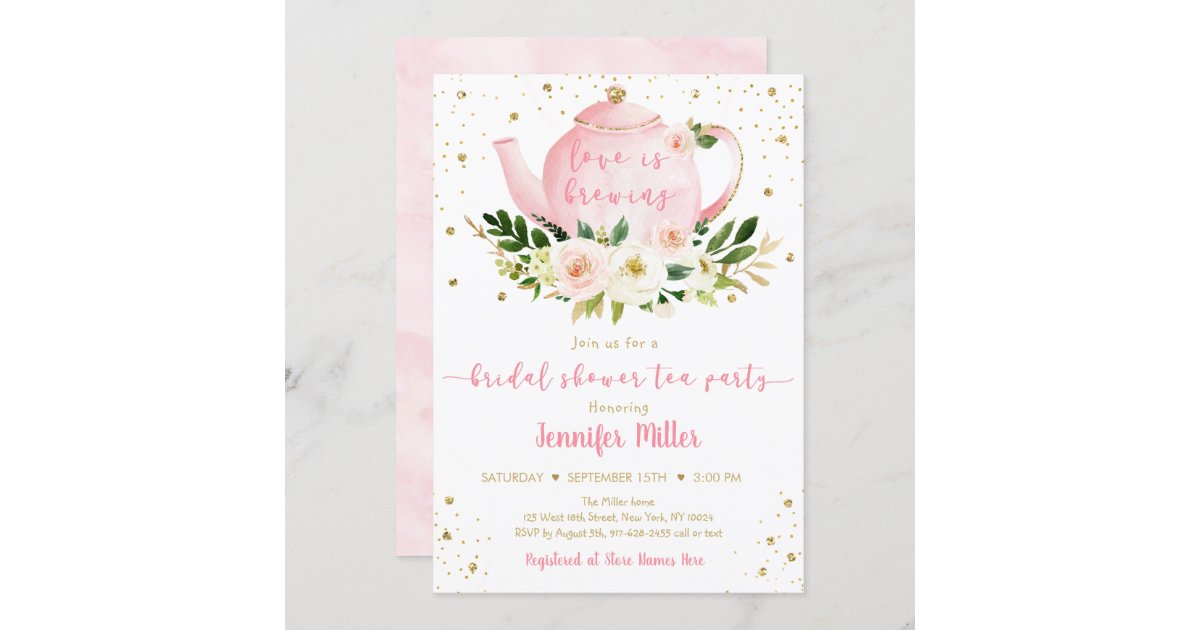 Love is brewing tea bridal shower pink invitation
