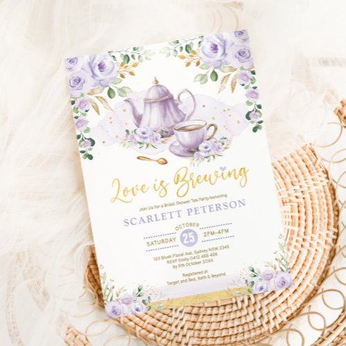 Love is Brewing Purple Flower Bridal Shower Tea Invitation