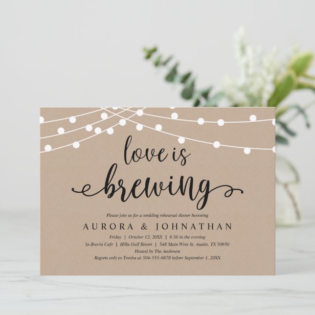 Love is Brewing, Rustic Kraft Rehearsal Dinner Invitation (Standing Front)