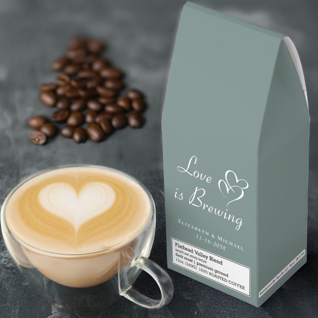 Love Is Brewing Sage Green Wedding Favor Roasted Coffee (Elegant "Love Is Brewing" wedding coffee favors - select your perfect blend of premium coffee)