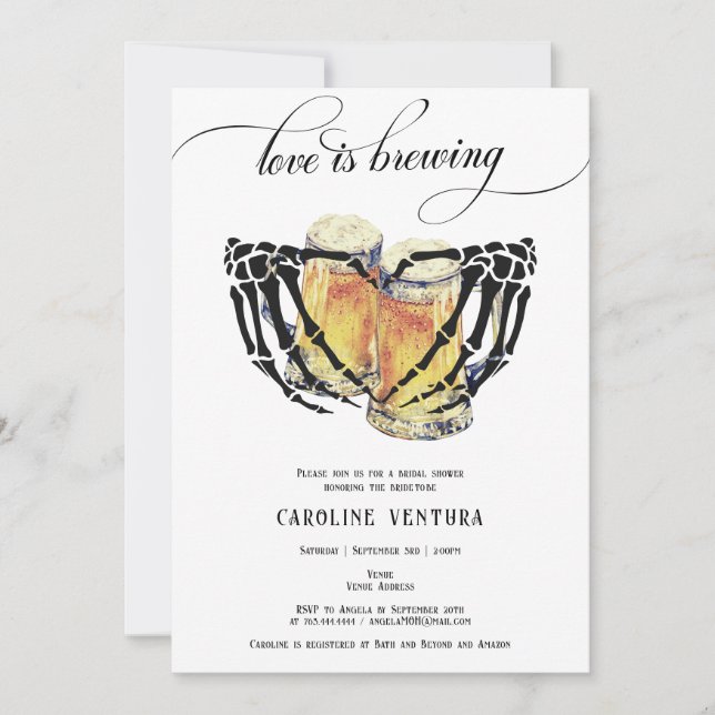 Love is Brewing Skeleton Hands Beer Bridal Shower Invitation (Front)