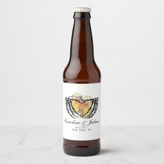 Love is Brewing Skeleton Hands Beer Wedding Shower Bottle Label (Front)