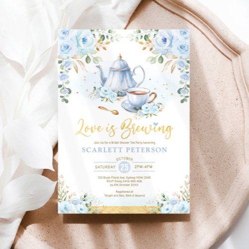 Love is Brewing Soft Blue Flower Bridal Shower Tea Invitation