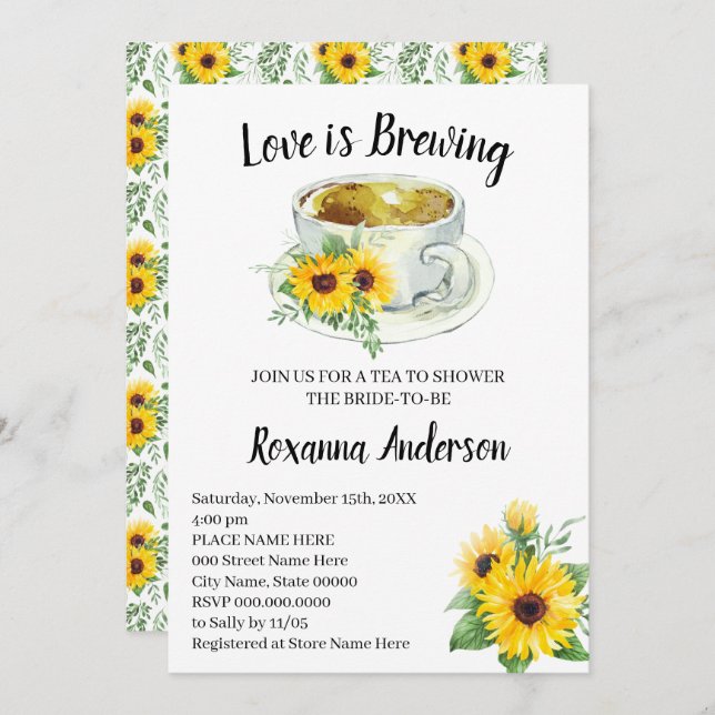 Love is Brewing Sunflowers Tea Bridal Shower Invitation (Front/Back)