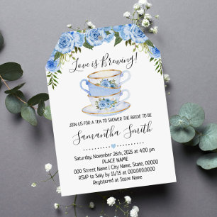 Love is brewing tea bridal shower blue invitation