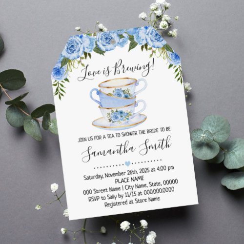 Love is brewing tea bridal shower blue invitation