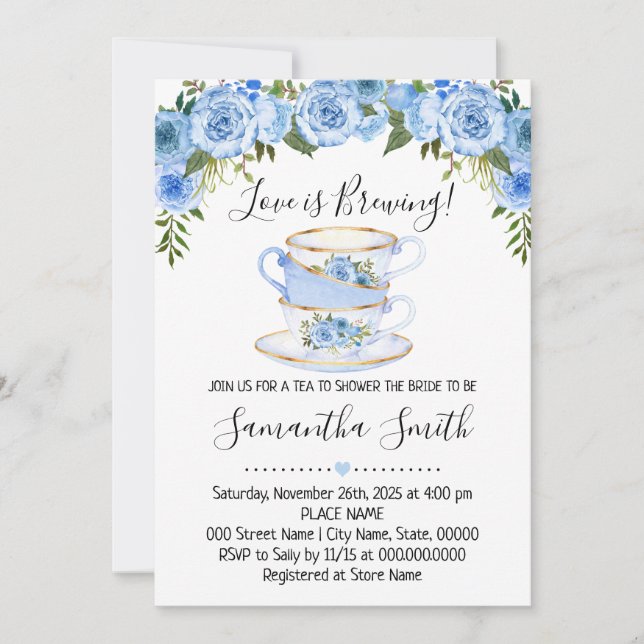 Love is brewing tea bridal shower blue invitation (Front)