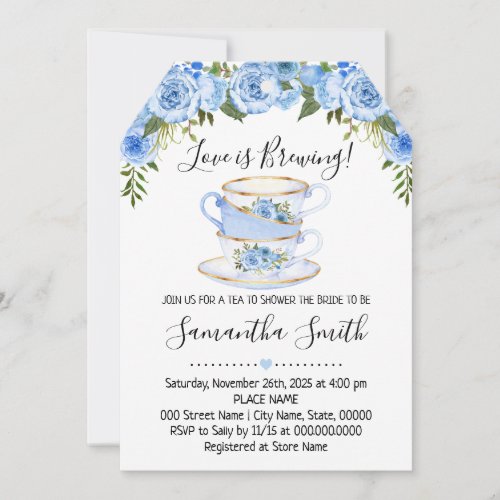 Love is brewing tea bridal shower blue invitation