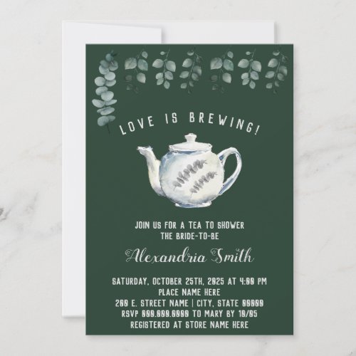 Love is Brewing Tea Bridal Shower Eucalyptus Invitation