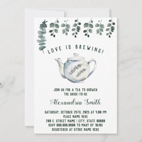 Love is Brewing Tea Bridal Shower Eucalyptus Invitation