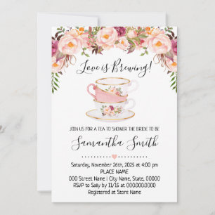 Love is brewing tea bridal shower pink invitation