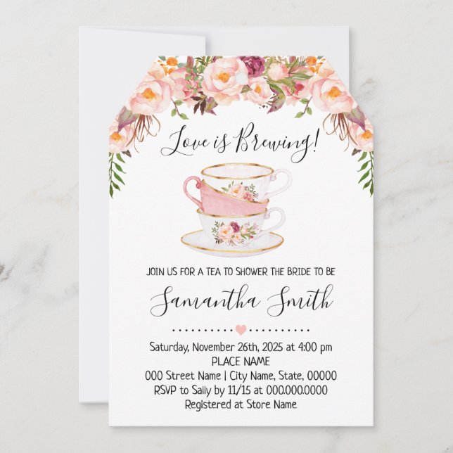 Love is brewing tea bridal shower pink invitation (Front)