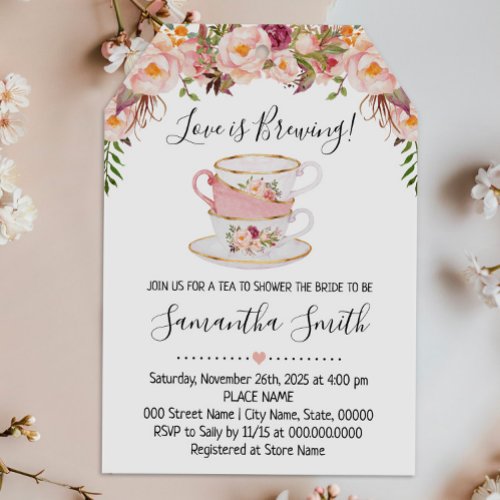 Love is brewing tea bridal shower pink invitation