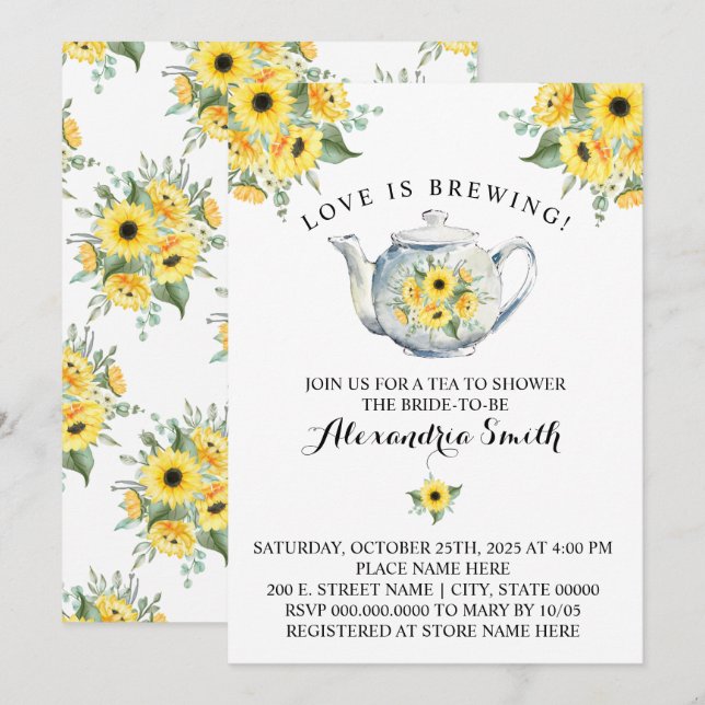 Love is Brewing Tea Bridal Shower Sunflowers Invitation (Front/Back)