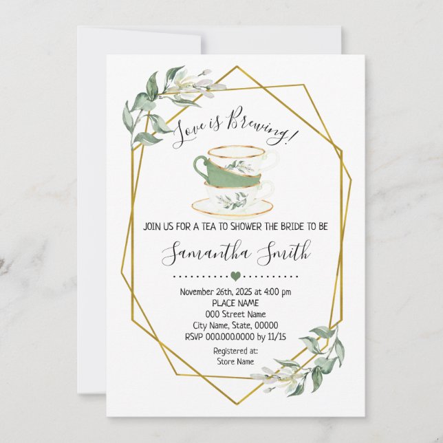 Love is brewing tea greenery shower invitation (Front)