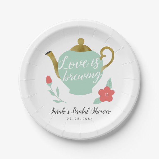 Love is Brewing Tea Party Bridal Shower Paper Plates (Front)