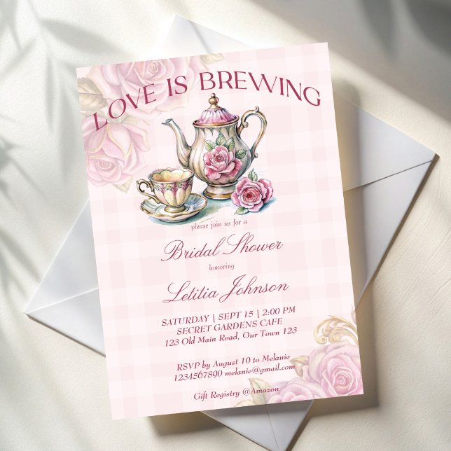 Love is brewing Vintage Victorian bridal tea party Invitation (Love is brewing Vintage Victorian bridal shower tea party Invitation template pink tea pot set roses)