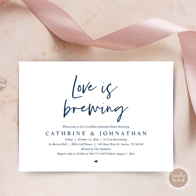 Love is brewing, Wedding Rehearsal Dinner Invitati Invitation (Love is Brewing, Wedding Rehearsal Invitation Card, pdf, Beer Wine Party, in Navy Blue)