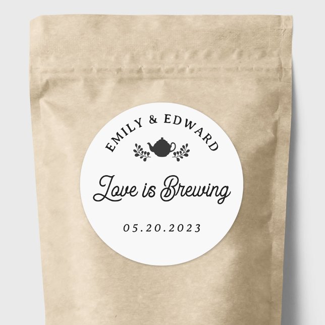 Love is Brewing Wedding Tea Favor Classic Round Sticker (Creator Uploaded)
