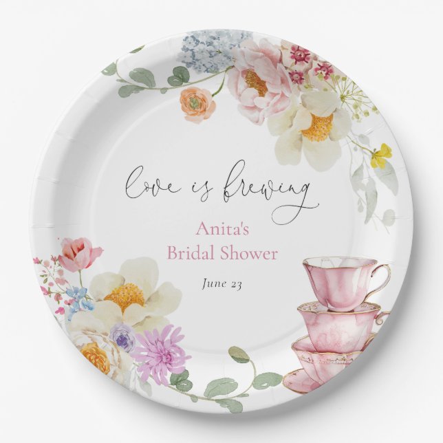 Love is Brewing Wildflower Tea Bridal Shower Paper Plates (Front)
