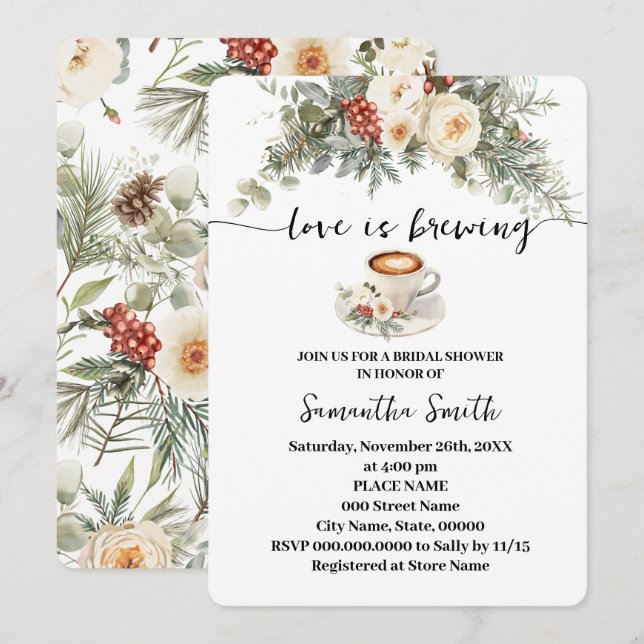Love is Brewing Winter Bridal Shower Coffee Invitation (Front/Back)