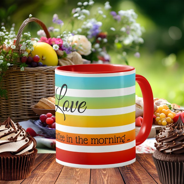Love is ... Colorful Rainbow Stripes Mug (A classic festive mug featuring a rainbow striped pattern on your custom background color)