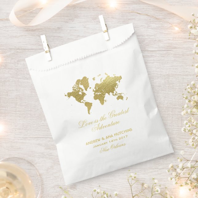 Love is Greatest Adventure Gold Map Wedding Favor Bag (Clipped)