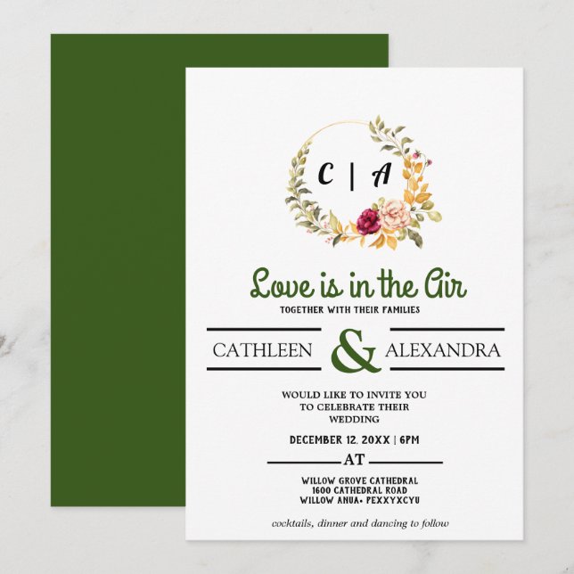 Love IS IN AIR Romantic Script with elegant floral Invitation (Front/Back)