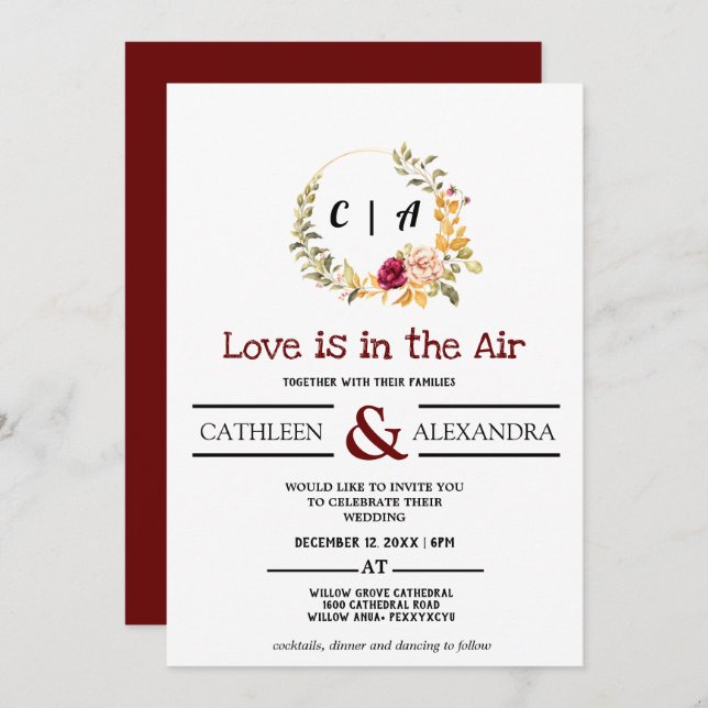 Love IS IN AIR Romantic Script with elegant floral Invitation (Front/Back)