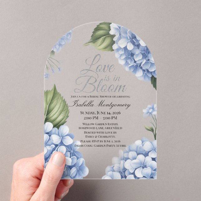 Love Is in Bloom Aesthetic Feminine Hydrangea Acrylic Invitations (Insitu (Handheld))