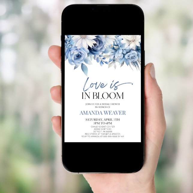 Love Is In Bloom Blue Floral Flower Bridal Shower Invitation (Front Digital)