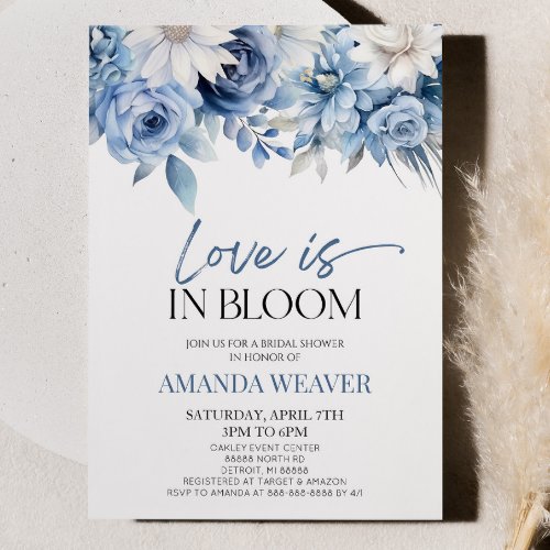Love Is In Bloom Blue Floral Flower Bridal Shower Invitation