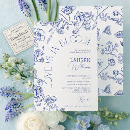 Love Is In Bloom Blue Floral Script Bridal Shower Invitation