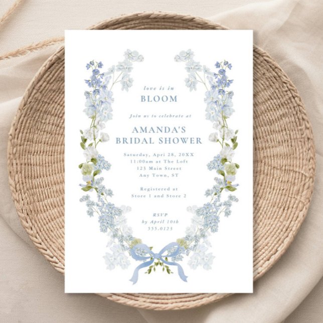 Love is in Bloom Blue Floral Wreath Bridal Shower Invitation (Creator Uploaded)
